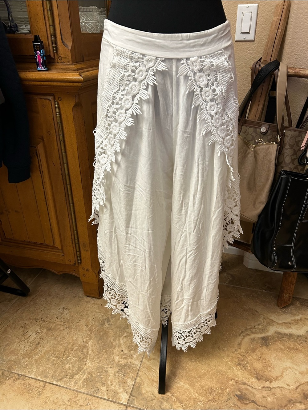 Solitaire White Wide-Leg Pants with Lace Trim